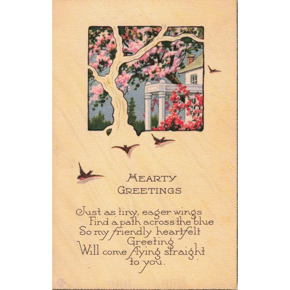 Vintage 1924 Hearty Greetings Postcard East Alton IL Linen Pink Trees Birds - Picture 1 of 2